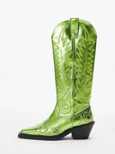 Metallic Green Embroidered Zip Wide Mid Calf Western Boots Block Heeled Cowgirl Boots